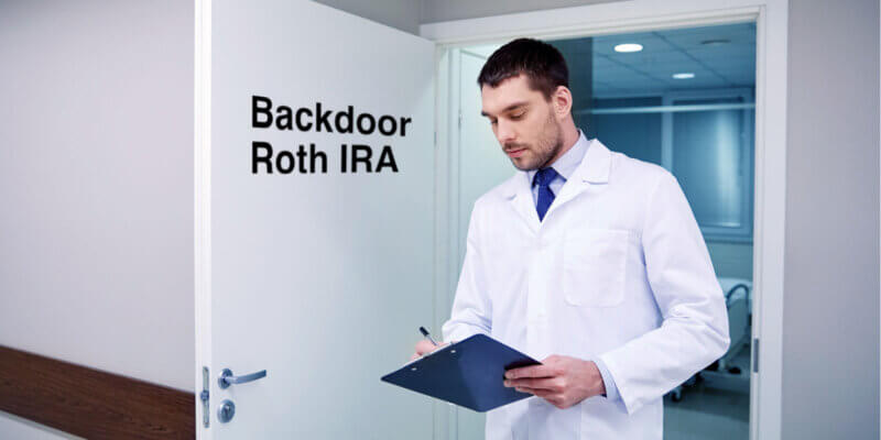 Doctor going through door labeled Backdoor Roth IRA