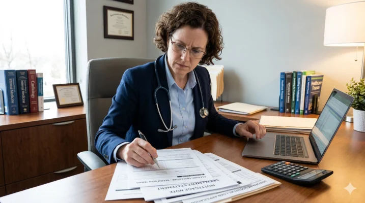 Doctor reviewing mortgage documents